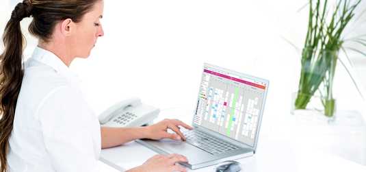 Therapeutin arbeitet am Notebook im NOVENTI Ora Terminkalender